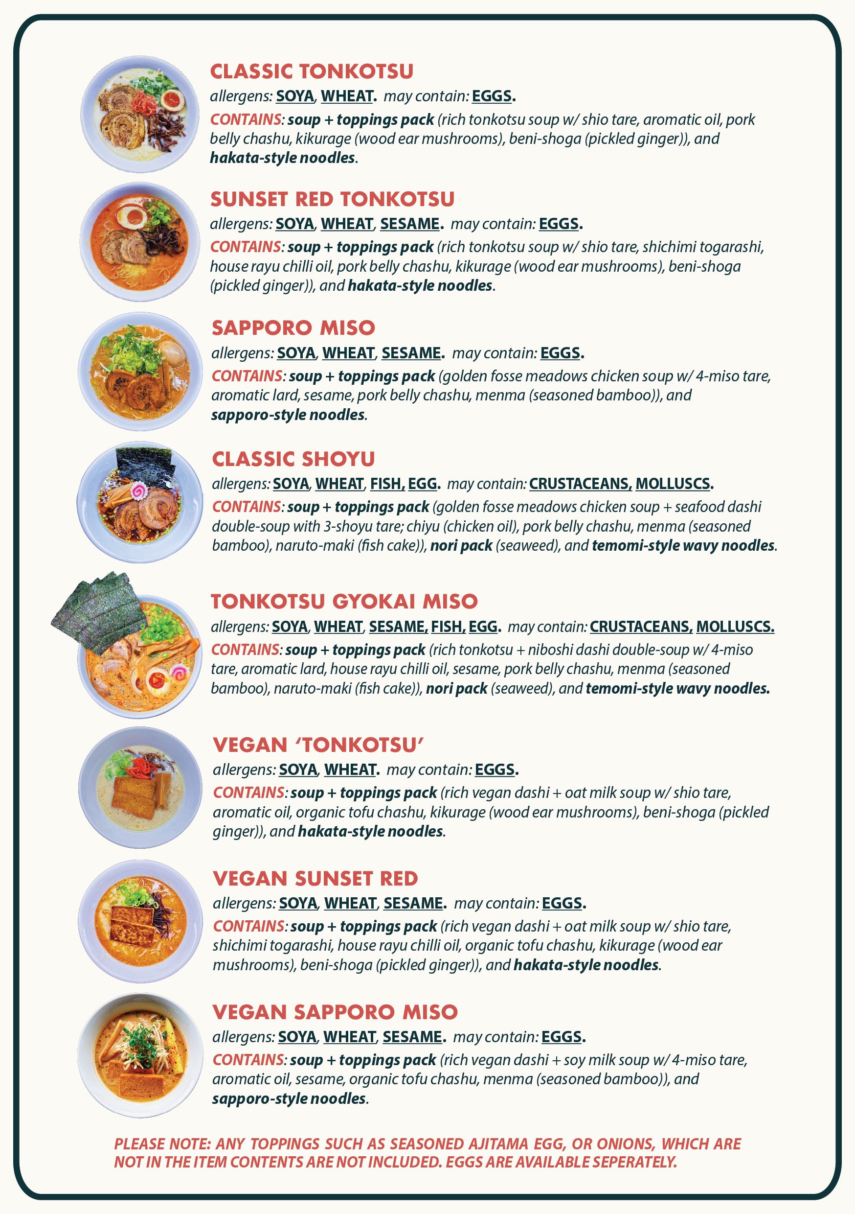 Kit menu and allergen information for the previous kit format